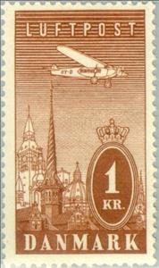 Stamp, Aircraft Fokker VII a over Copenhagen, Denmark,  , Townscapes / City Views, Aircrafts, Churches - Cathedrals - Basilicas - Chapels