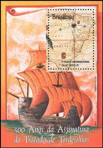 Souvenir Sheet, 500 years Tordesilhas Accord, Brazil,  , Navigators, Sailing Ships, Anniversaries and Jubilees