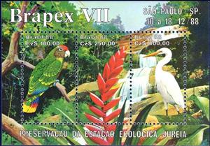 Souvenir Sheet, Red-tailed Amazon, Bromeliad, Great Egret, Brazil,  