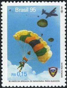 Stamp, 50 years Paratrooper Brigade, Brazil,  , Parachute Jumping, Aviation, Paragliding, Aircrafts