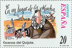 Stamp, School Correspondence. Don Quixote, Spain,  , Famous People, Authors, Books, Middle Ages, Mills