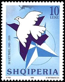 Stamp, 50 Years Nato,Pecepigeon,Jet,NATOemblem, Albania,  , N.A.T.O.