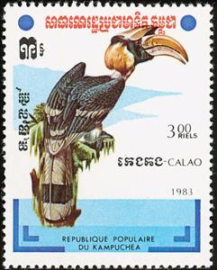 Stamp, Great Hornbill (Buceros bicornis), Cambodia,  , Animals (Fauna), Birds