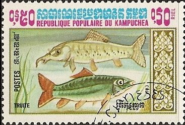 Stamp, Trout (Salmo sp.), Cambodia,  , Animals (Fauna), Fishes