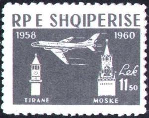Stamp, Plane, Tirana clock tower, Kremlin, Albania,  , Towers, Aviation, Airlines, Aircrafts