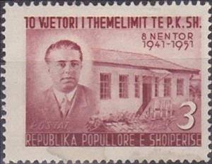 Stamp, E. Hoxha and Foundation House, Albania,  , Politicians