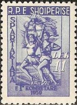 Stamp, Man and Woman Runners with Torch and Flags, Albania,  , Sport