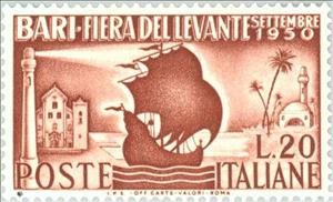 Stamp, Caravella, lighthouse and the church of St. Nicholas in Bari, Italy,  , Ships, Vehicles, Palm-trees, Special Occasions, Lighthouses, Sailing Ships