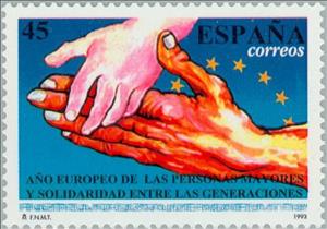 Stamp, European Year of the Elderly, Spain,  , Special Occasions, European Years, Hands