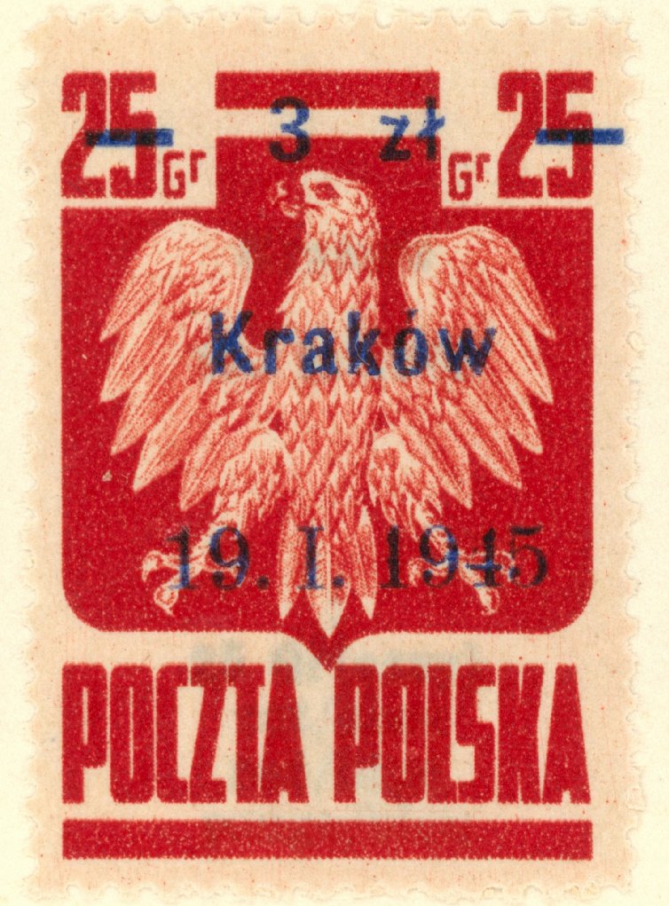 overprint 3z on 25g Krakow 19.1.1945