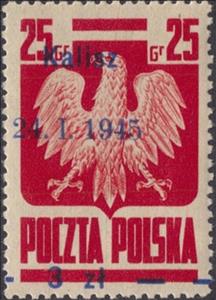 Stamp, overprint 3z on 25g Kalisz 24.1.1945, Poland,  