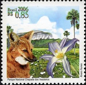 Stamp, Maned Wolf (Chrysocyon brachyurus), Brazil,  , Flowers, Mammals, National Parks, Plants (Flora)