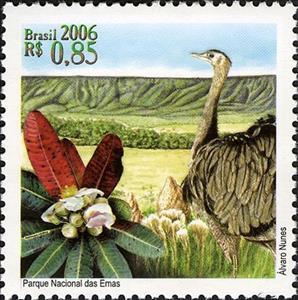 Stamp, Greater Rhea (Rhea americana), Kielmeyera rubriflora, Brazil,  , Flowers, Birds, National Parks, Animals (Fauna), Plants (Flora)