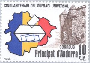 Stamp, Fiftieth anniversary of universal suffrage, Andorra, Spanish Administration,  , Cartography, Flags, Maps, Commemoration, Elections, Parliaments, Buildings