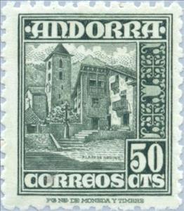 Stamp, Local motics, Andorra, Spanish Administration,  , Towers, Mountains, Buildings, Churches - Cathedrals - Basilicas - Chapels