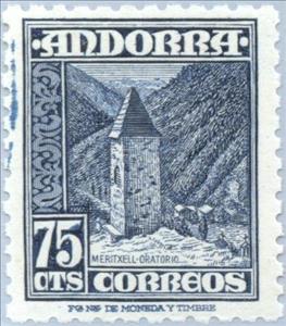 Stamp, Local motics, Andorra, Spanish Administration,  , Towers, Mountains, Buildings, Churches - Cathedrals - Basilicas - Chapels