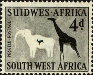 Stamp, Elephant And Giraf ( Pence), South-West Africa,  , Mammals, Elephants, Giraffes, Animals (Fauna), Rock Art and Cave Paintings