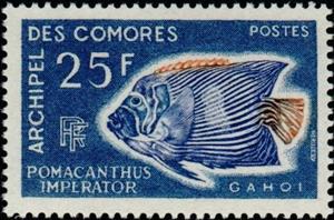 Stamp, Emperor Angelfish (Pomacanthus imperator), Comoros,  , Fishes