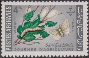 Stamp, Silkworm (Bombyx mori), developmental Stages on a Mulberry B, Afghanistan,  , Insects, Butterflies, Plants (Flora)