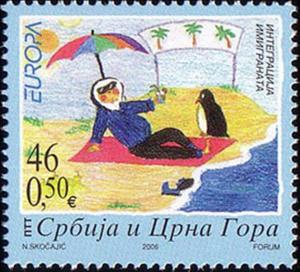Stamp, Eskimo and Penguin, Serbia and Montenegro,  , C.E.P.T., Europe, Drawings, Penguins