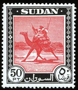 Stamp, Postman with Dromedary (Camelus dromedarius), Sudan,  , Mammals, Camels, Postmen, Animals (Fauna)