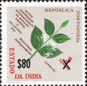 Stamp, Holarrhena antidysenterica (Overprints New Value), India, Portuguese,  , Flowers, Plants (Flora)