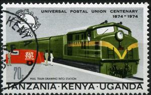 Stamp, Mail train drawing into station, East African Community,  , Postal Services, Postal Unions, UPU, Postal Traffic, Railways