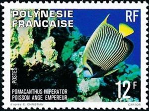 Stamp, Emperor Angelfish (Pomocanthus imperator) , French Polynesia,  , Fishes