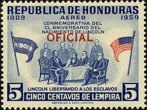 Stamp, Lincoln at the Conference on the liberation of the slaves, Honduras,  , Flags
