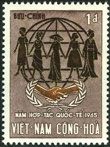 Stamp, Year of International Cooperation - 1 D carmine brown / brow, Vietnam, South,  