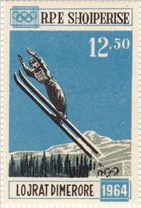 Stamp, Ski Jumper on the Jump, Albania,  , Sport, Olympic Games, Skiing, Winter Sports, Ski-jump
