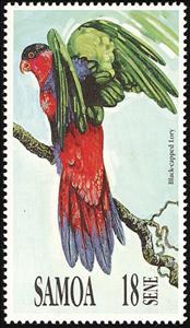 Stamp, Black-capped Lory (Lorius lory), Samoa,  , Birds, Parrots, Animals (Fauna)