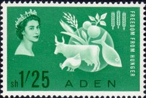 Stamp, Protein-rich foods, left side Queen Elizabeth II, Aden,  , Food, Queens