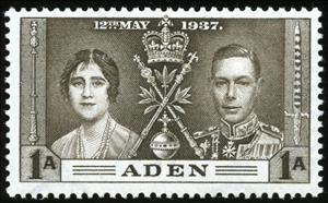 Stamp, The Royal Couple and insignia of the Crown, Aden,  , Royalty, Kings, Queens