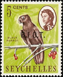 Stamp, Seychelles Black Parrot (Coracopsis nigra barkleyi) - Overpr, British Indian Ocean Territory,  