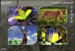 Souvenir Sheet, Nubian Ibex, Butterflyfish, Leopard, Succulent Plant, Yemen,  , Flowers, Mammals, Goats, Leopards, Animals (Fauna), Plants (Flora), Fishes