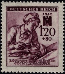 Stamp, Red Cross nurse cares for wounded, Bohemia and Moravia,  , Red Cross and Red Crescent