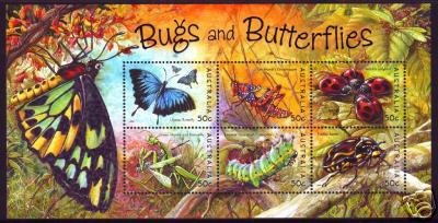 Souvenir Sheet, Bugs Minisheet, Australia,  , Insects, Caterpillars, Butterflies, Animals (Fauna)