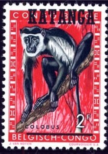 Stamp, Black-and-white Colobus (Colobus angolensis), Katanga,  , Mammals, Monkeys, Animals (Fauna)