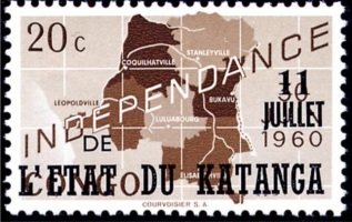Stamp, Belgian Congo BE C372 with overprint '11 juillet' and 'l’Eta, Katanga,  , Maps
