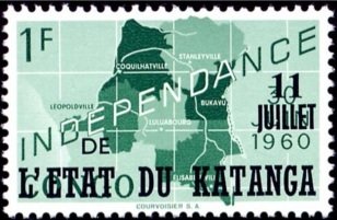 Stamp, Belgian Congo BE C374 with overprint '11 juillet' and 'l’Eta, Katanga,  , Maps