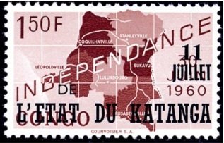 Stamp, Belgian Congo BE C375 with overprint '11 juillet' and 'l’Eta, Katanga,  , Maps
