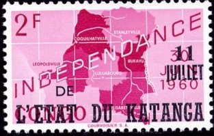 Stamp, Belgian Congo BE C376 with overprint '11 juillet' and 'l’Eta, Katanga,  , Maps