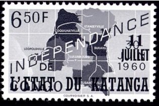 Stamp, Belgian Congo BE C379 with overprint '11 juillet' and 'l’Eta, Katanga,  , Maps