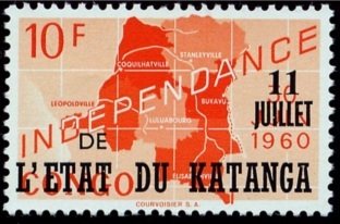 Stamp, Belgian Congo BE C380 with overprint '11 juillet' and 'l’Eta, Katanga,  , Maps
