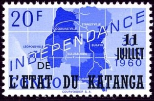 Stamp, Belgian Congo BE C381 with overprint '11 juillet' and 'l’Eta, Katanga,  , Maps