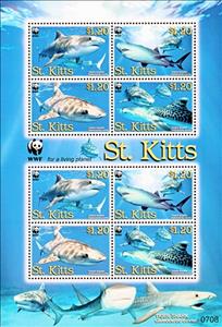 Mini Sheet, WWF Tiger Shark sheet with 2 sets, St. Kitts,  , WWF, Sharks, Animals (Fauna)