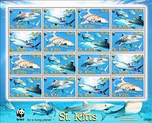 Mini Sheet, WWF Tiger Shark sheet with 4 sets, St. Kitts,  , WWF, Sharks, Animals (Fauna)