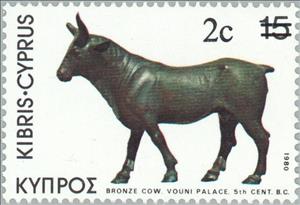 Stamp, Black surcharge 2c on 15M, Cyprus,  , Sculptures, Mammals, Authors, Archaeology, Cattle, Animals (Fauna)