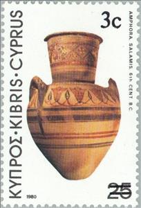 Stamp, Black surcharge 3c on 25M, Cyprus,  , Glass and Earthenware, Archaeology